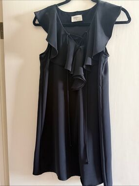 Everly Black Ruffle-Front Sleeveless Shift Dress